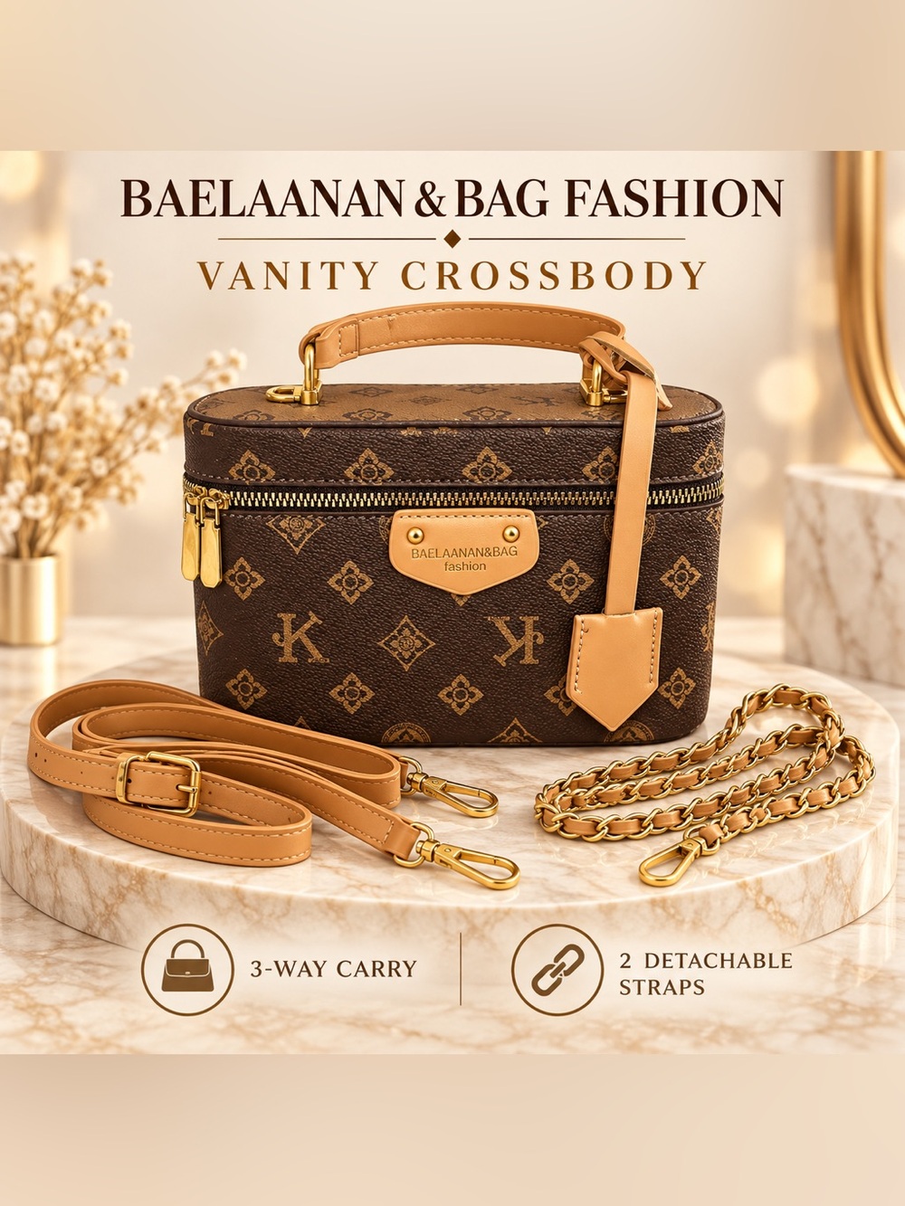 BAELAANAN & BAG FASHION BROWN VANITY CROSSBODY WITH TWO STRAPS